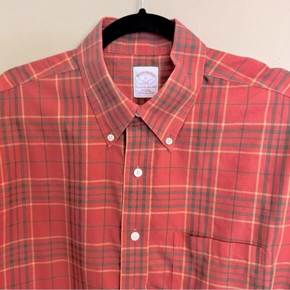 Brooks Brothers Men’s Shirt Size Large Orange Green Plaid Button Down Cotton - Picture 3 of 10